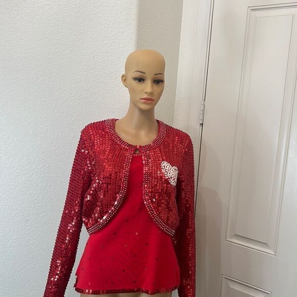 Berek Takako Sakon Sweater Cropped Bolero Set Medium Sequined Beaded Red White - Picture 1 of 14